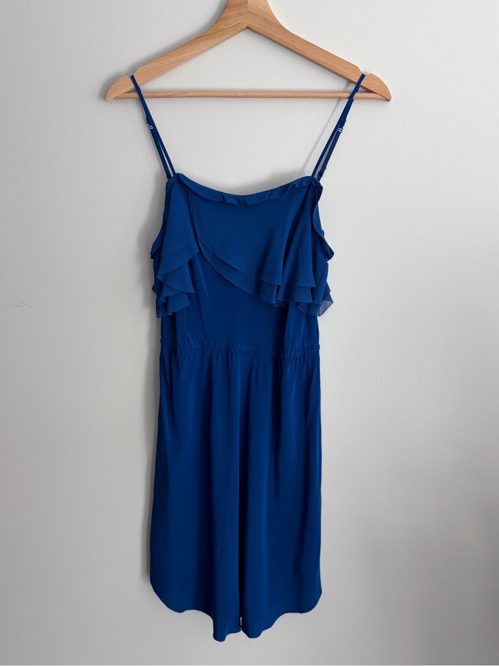 Wilfred 100% Silk Royal Blue Ruffle Spaghetti Strap Mini Dress